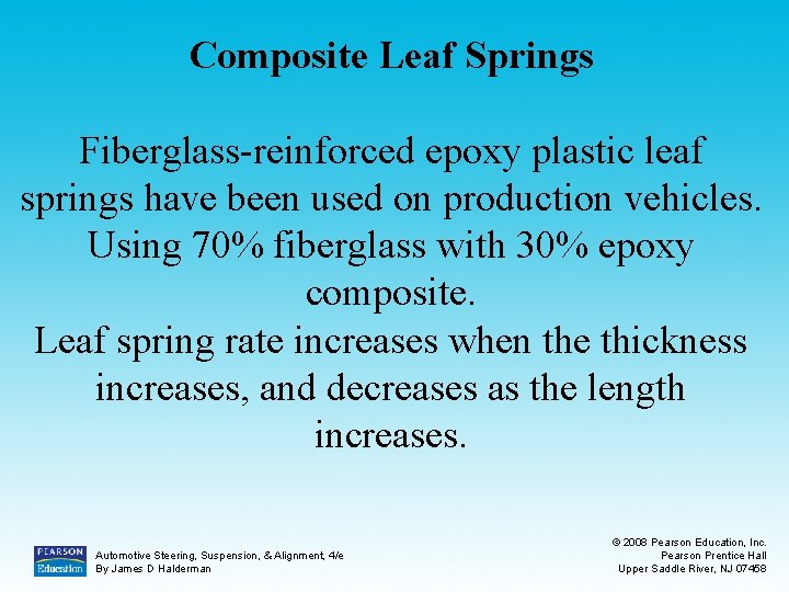 Composite Leaf Springs Fiberglass-reinforced epoxy plastic leaf springs have been used on production vehicles.