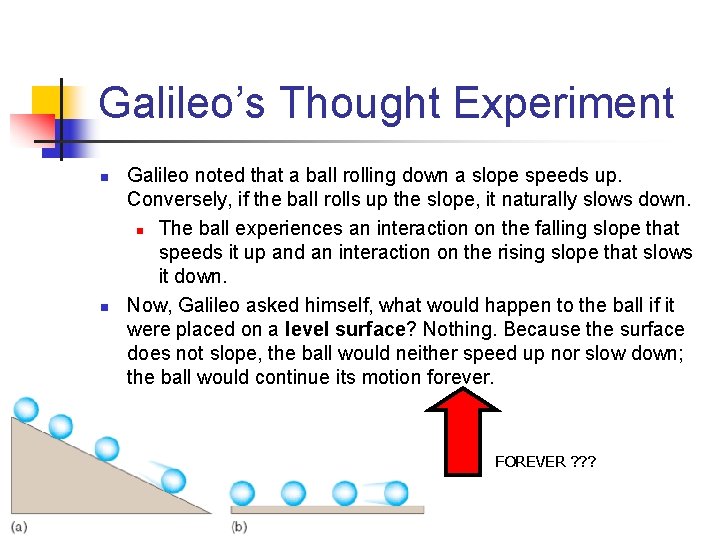 Galileo’s Thought Experiment n n Galileo noted that a ball rolling down a slope