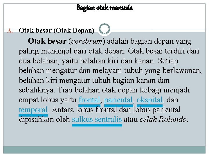 Bagian otak manusia A. Otak besar (Otak Depan) Otak besar (cerebrum) adalah bagian depan