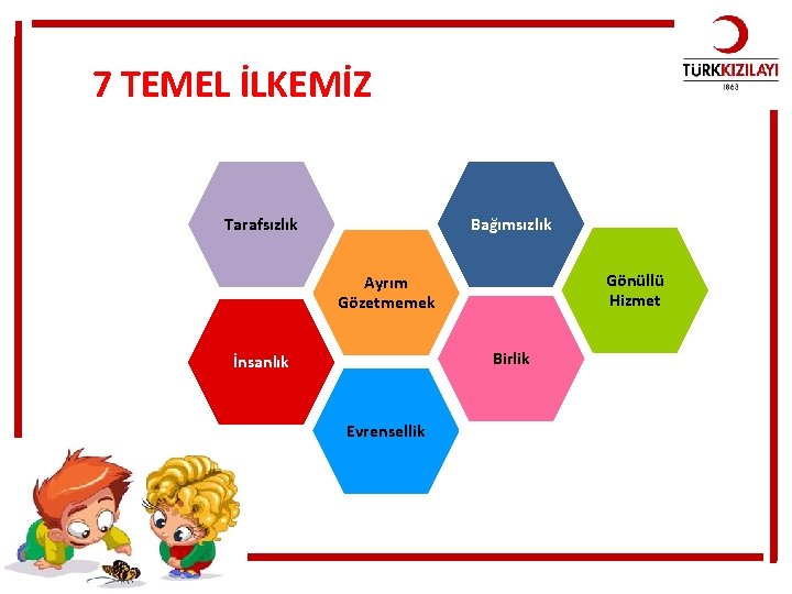 7 TEMEL İLKEMİZ Bağımsızlık Tarafsızlık Gönüllü Hizmet Ayrım Gözetmemek Birlik İnsanlık Evrensellik 