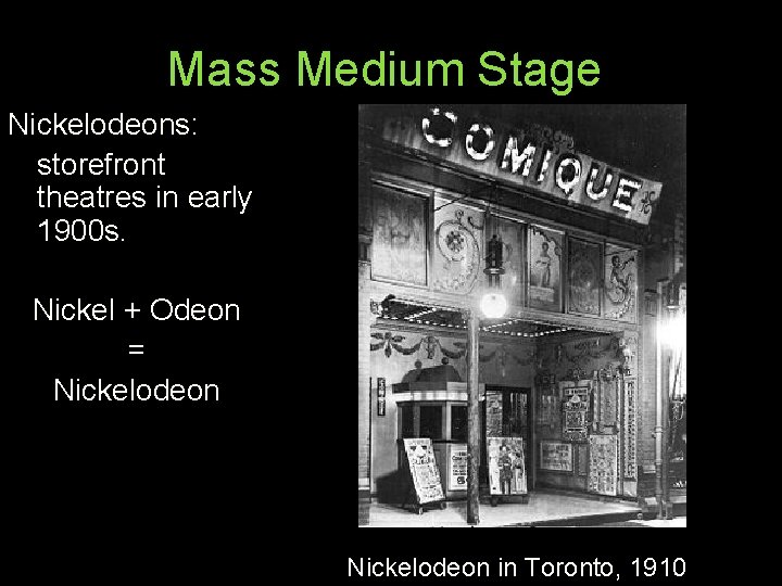 Mass Medium Stage Nickelodeons: storefront theatres in early 1900 s. Nickel + Odeon =