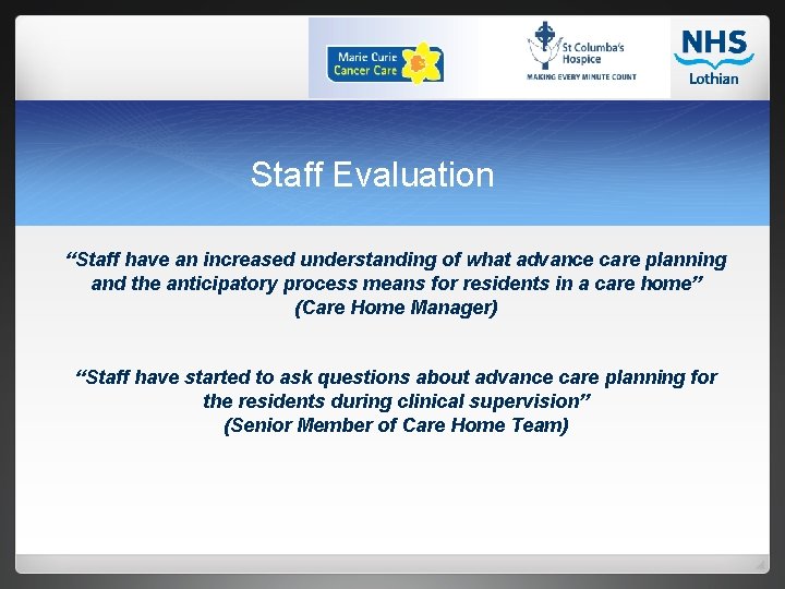 Staff Evaluation “Staff have an increased understanding of what advance care planning and the
