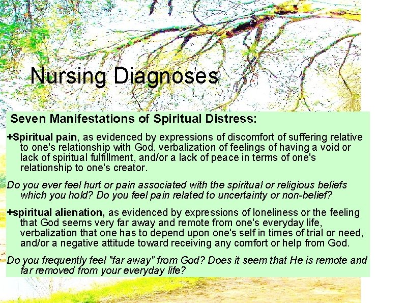 Nursing Diagnoses Seven Manifestations of Spiritual Distress: +Spiritual pain, as evidenced by expressions of