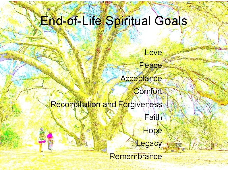 End-of-Life Spiritual Goals Love Peace Acceptance Comfort Reconciliation and Forgiveness Faith Hope Legacy Remembrance