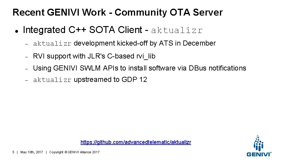 Recent GENIVI Work - Community OTA Server Integrated C++ SOTA Client - aktualizr development
