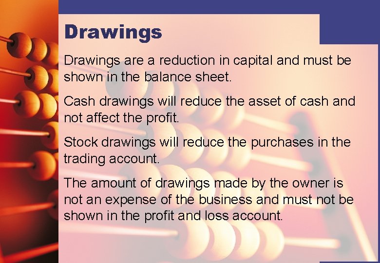 Drawings are a reduction in capital and must be shown in the balance sheet.