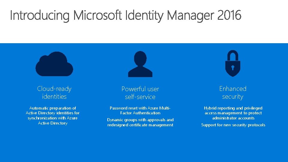 Cloud-ready identities Automatic preparation of Active Directory identities for synchronization with Azure Active Directory