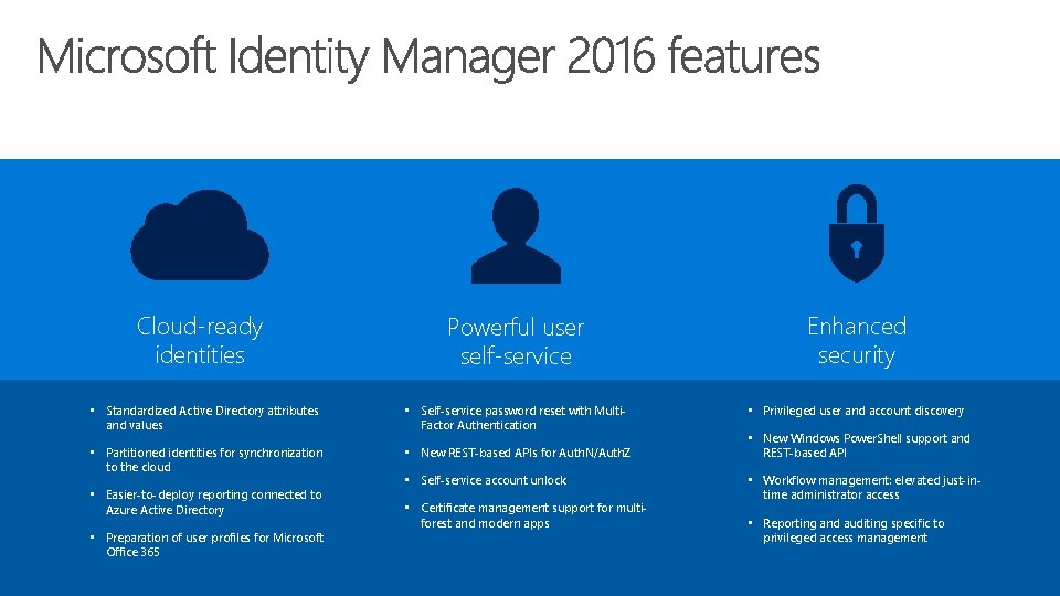 Powerful user self-service Enhanced security • Standardized Active Directory attributes and values • Self-service