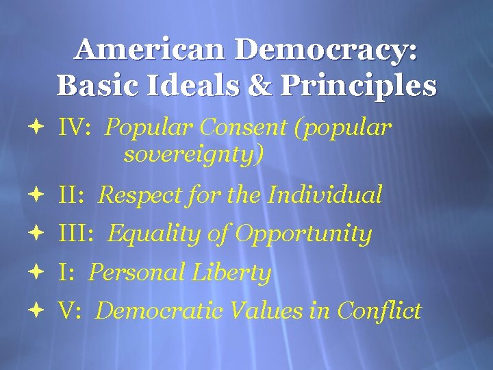 American Democracy: Basic Ideals & Principles IV: Popular Consent (popular sovereignty) II: Respect for