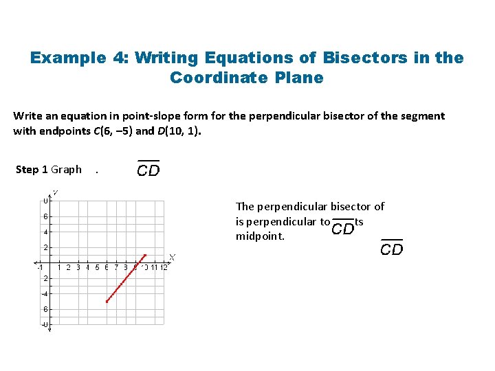 Example 4: Writing Equations of Bisectors in the Coordinate Plane Write an equation in Example 4: Writing Equations of Bisectors in the Coordinate Plane Write an equation in