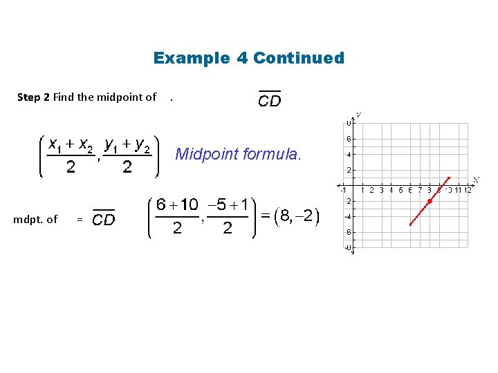 Example 4 Continued Step 2 Find the midpoint of . Midpoint formula. mdpt. of Example 4 Continued Step 2 Find the midpoint of . Midpoint formula. mdpt. of