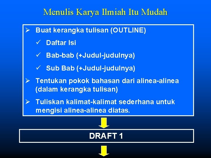 Menulis Karya Ilmiah Itu Mudah Ø Buat kerangka tulisan (OUTLINE) ü Daftar Isi ü