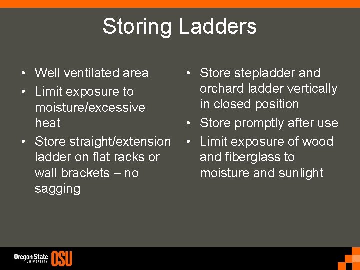 Storing Ladders • Well ventilated area • Limit exposure to moisture/excessive heat • Store