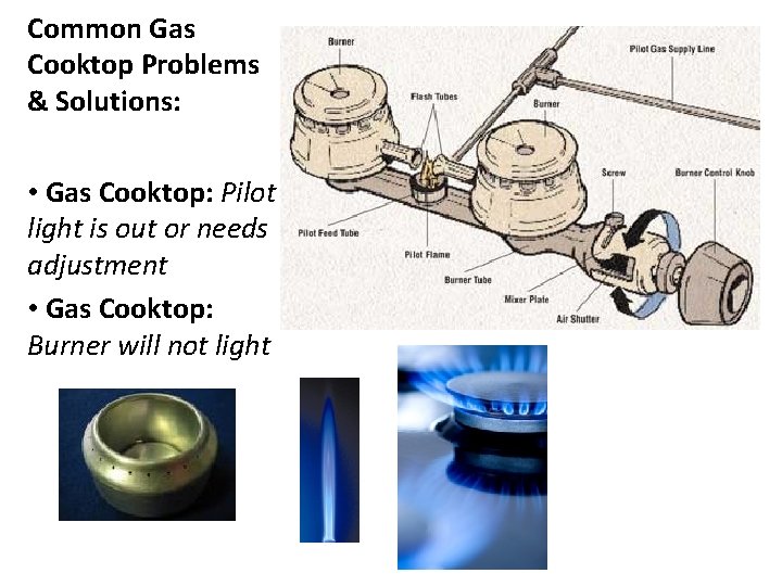 Common Gas Cooktop Problems & Solutions: • Gas Cooktop: Pilot light is out or