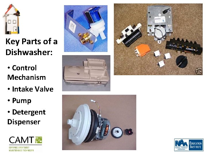 Key Parts of a Dishwasher: • Control Mechanism • Intake Valve • Pump •