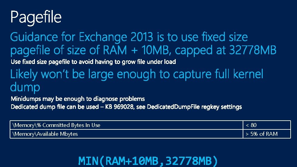 Memory% Committed Bytes In Use < 80 MemoryAvailable Mbytes > 5% of RAM 