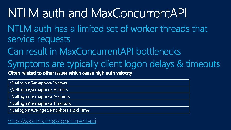 NetlogonSemaphore Waiters NetlogonSemaphore Holders NetlogonSemaphore Acquires NetlogonSemaphore Timeouts NetlogonAverage Semaphore Hold Time http: //aka.