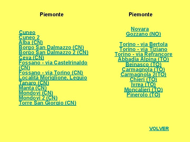 Piemonte Cuneo 2 Alba (CN) Borgo San Dalmazzo 2 (CN) Ceva (CN) Fossano -