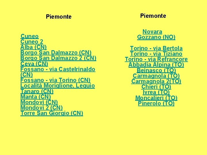 Piemonte Cuneo 2 Alba (CN) Borgo San Dalmazzo 2 (CN) Ceva (CN) Fossano -