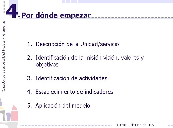 Conceptos generales de calidad. Modelos y herramientas 4 Por dónde empezar 1. Descripción de