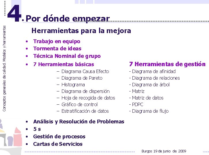 Conceptos generales de calidad. Modelos y herramientas 4 Por dónde empezar Herramientas para la Conceptos generales de calidad. Modelos y herramientas 4 Por dónde empezar Herramientas para la