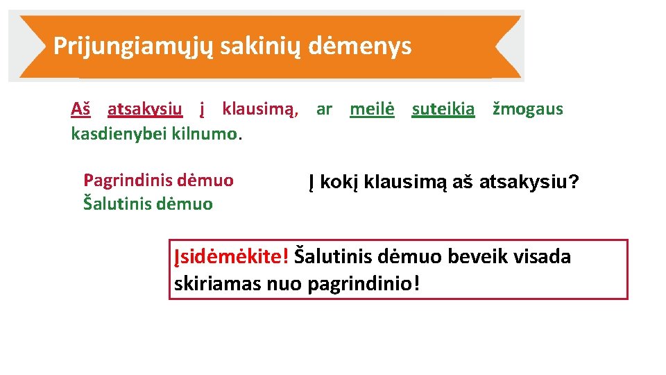 Prijungiamųjų sakinių dėmenys Aš atsakysiu į klausimą, ar meilė suteikia žmogaus kasdienybei kilnumo. Pagrindinis