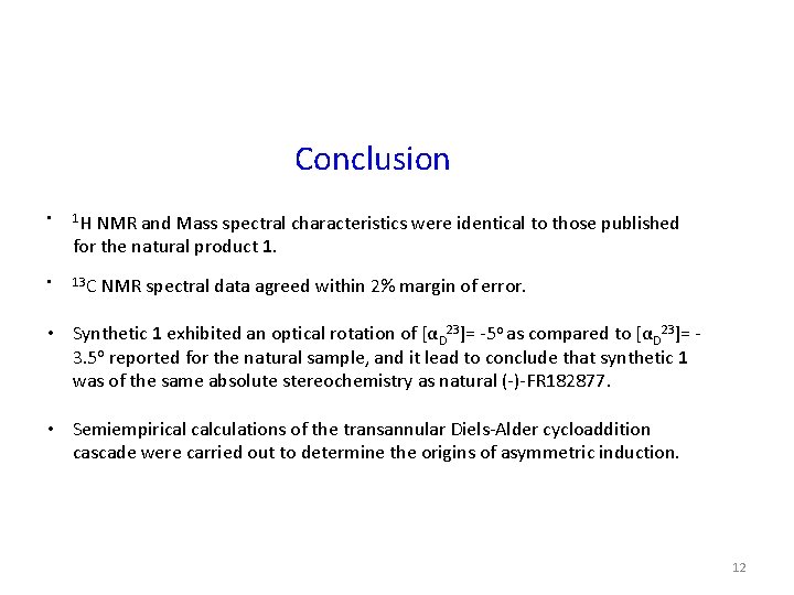 Conclusion • 1 H NMR and Mass spectral characteristics were identical to those published