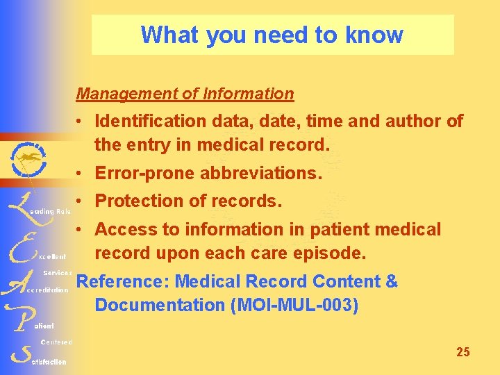 What you need to know Management of Information • Identification data, date, time and