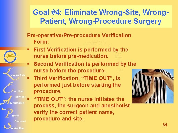 Goal #4: Eliminate Wrong-Site, Wrong. Patient, Wrong-Procedure Surgery Pre-operative/Pre-procedure Verification Form: § First Verification
