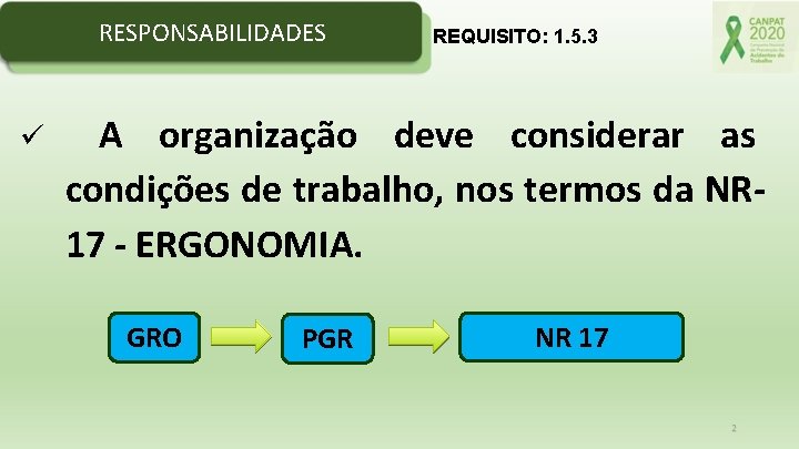 RESPONSABILIDADES REQUISITO: 1. 5. 3 A organização deve considerar as condições de trabalho, nos