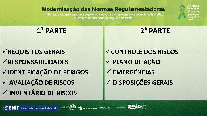 1ª PARTE üREQUISITOS GERAIS üRESPONSABILIDADES üIDENTIFICAÇÃO DE PERIGOS ü AVALIAÇÃO DE RISCOS ü INVENTÁRIO