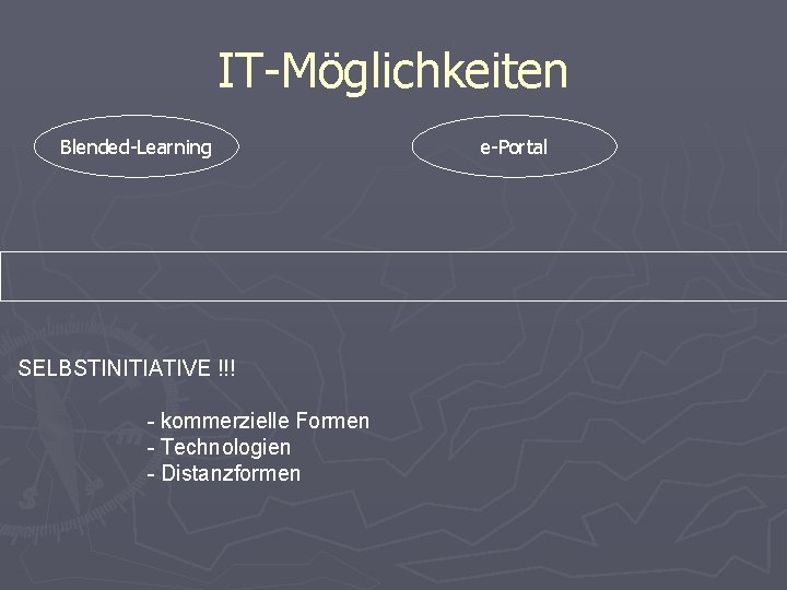 IT-Möglichkeiten Blended-Learning SELBSTINITIATIVE !!! - kommerzielle Formen - Technologien - Distanzformen e-Portal IT-Möglichkeiten Blended-Learning SELBSTINITIATIVE !!! - kommerzielle Formen - Technologien - Distanzformen e-Portal