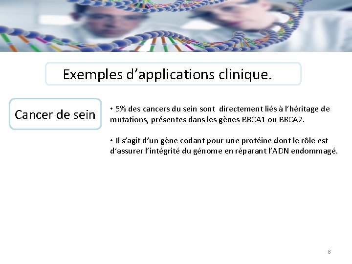 Exemples d’applications clinique. Cancer de sein • 5% des cancers du sein sont directement