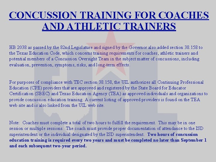 CONCUSSION TRAINING FOR COACHES AND ATHLETIC TRAINERS HB 2038 as passed by the 82