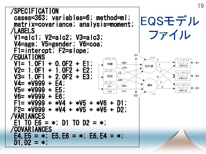 /SPECIFICATION cases=363; variables=6; method=ml; matrix=covariance; analysis=moment; /LABELS V 1=alc 1; V 2=alc 2; V