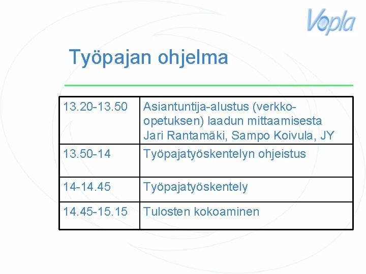 Työpajan ohjelma 13. 20 -13. 50 -14 Asiantuntija-alustus (verkkoopetuksen) laadun mittaamisesta Jari Rantamäki, Sampo