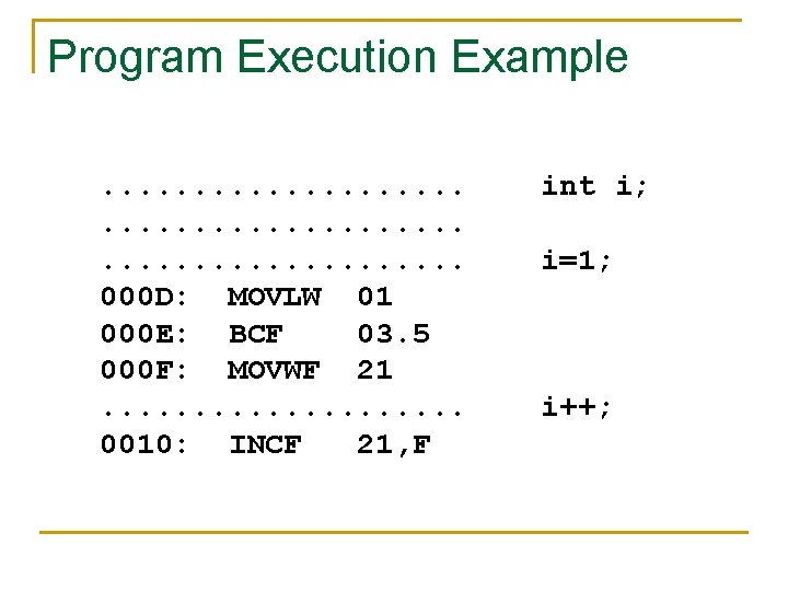 Program Execution Example. . . . 000 D: MOVLW 01 000 E: BCF 03.