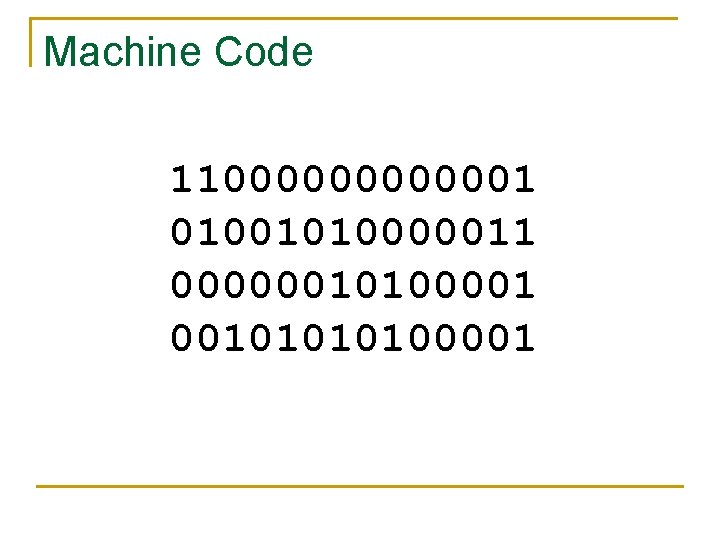 Machine Code 110000001 01001010000011 00000010100001 