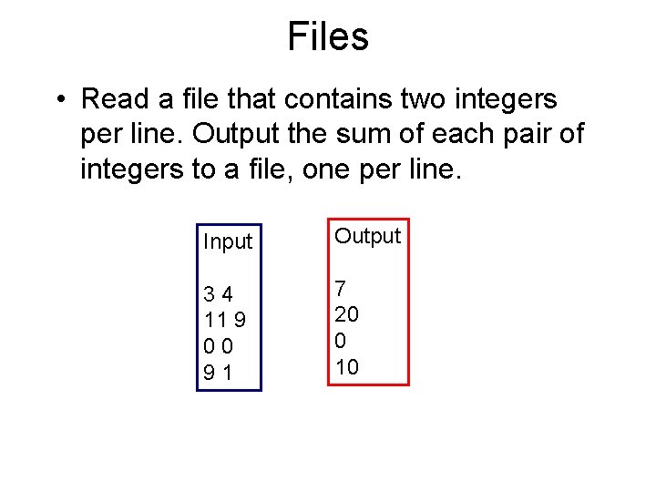 Files • Read a file that contains two integers per line. Output the sum
