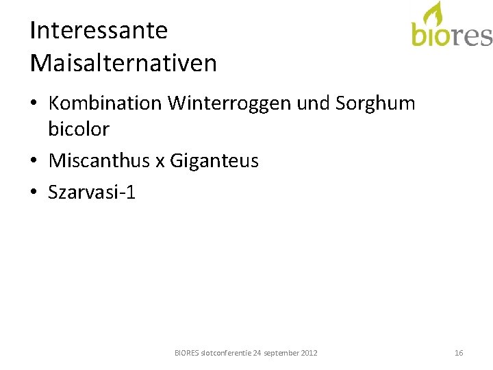 Interessante Maisalternativen • Kombination Winterroggen und Sorghum bicolor • Miscanthus x Giganteus • Szarvasi-1