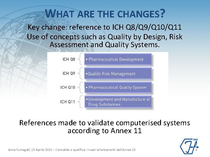 WHAT ARE THE CHANGES? Key change: reference to ICH Q 8/Q 9/Q 10/Q 11