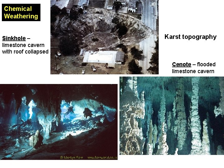 Chemical Weathering Sinkhole – limestone cavern with roof collapsed Karst topography Cenote – flooded