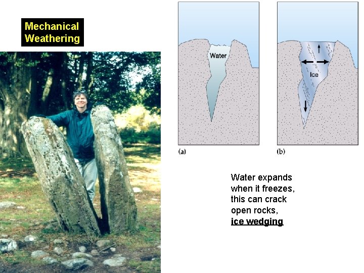 Mechanical Weathering Water expands when it freezes, this can crack open rocks, ice wedging