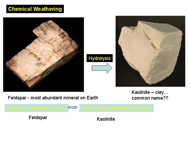 Chemical Weathering Hydrolysis Feldspar - most abundant mineral on Earth 2 KAl. Si 3
