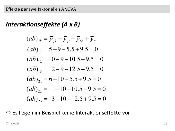 Effekte der zweifaktoriellen ANOVA Interaktionseffekte (A x B) Es liegen im Beispiel keine Interaktionseffekte