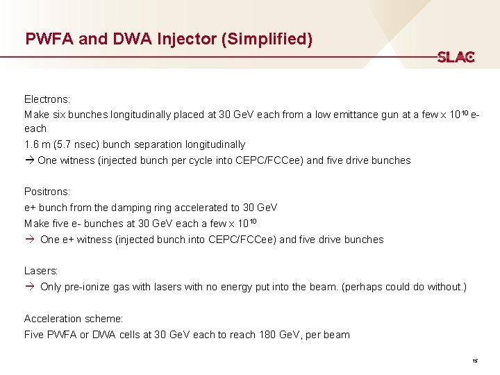 PWFA and DWA Injector (Simplified) Electrons: Make six bunches longitudinally placed at 30 Ge.