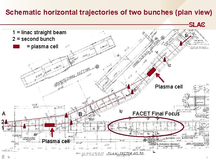 Schematic horizontal trajectories of two bunches (plan view) 1 = linac straight beam 2