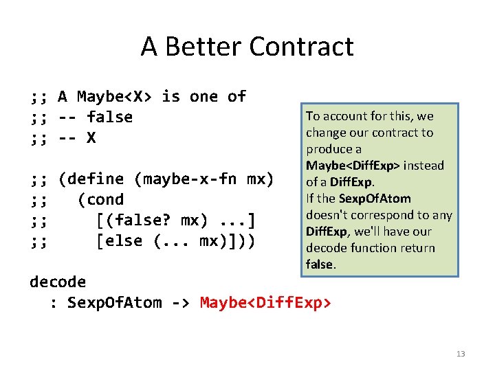 A Better Contract ; ; A Maybe<X> is one of ; ; -- false