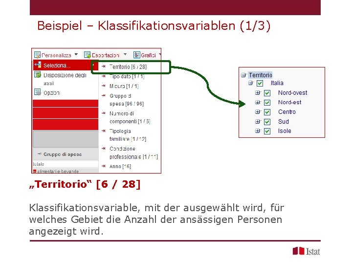 Beispiel – Klassifikationsvariablen (1/3) „Territorio“ [6 / 28] Klassifikationsvariable, mit der ausgewählt wird, für