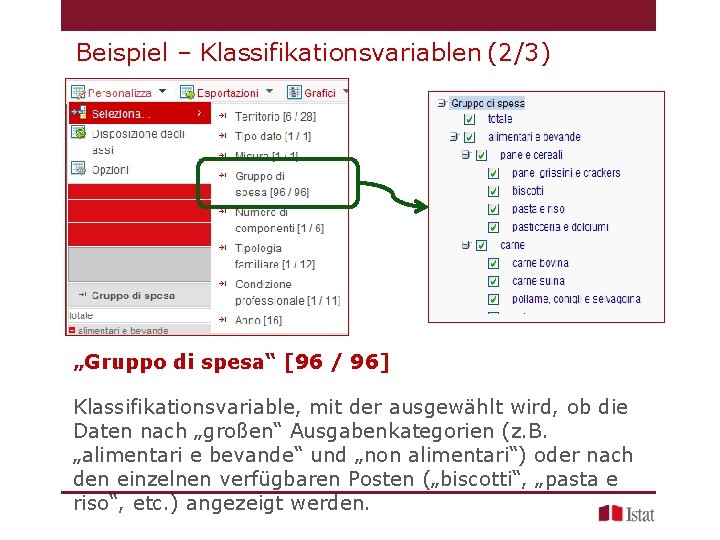 Beispiel – Klassifikationsvariablen (2/3) „Gruppo di spesa“ [96 / 96] Klassifikationsvariable, mit der ausgewählt